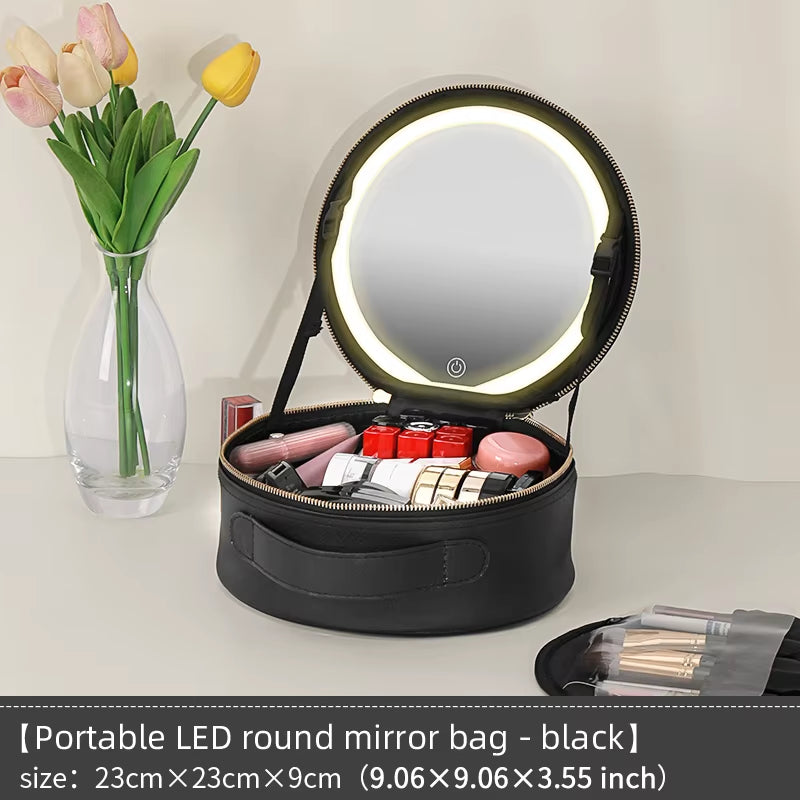 Portable Cosmetic Bag with LED Mirror and Lighting for Travel