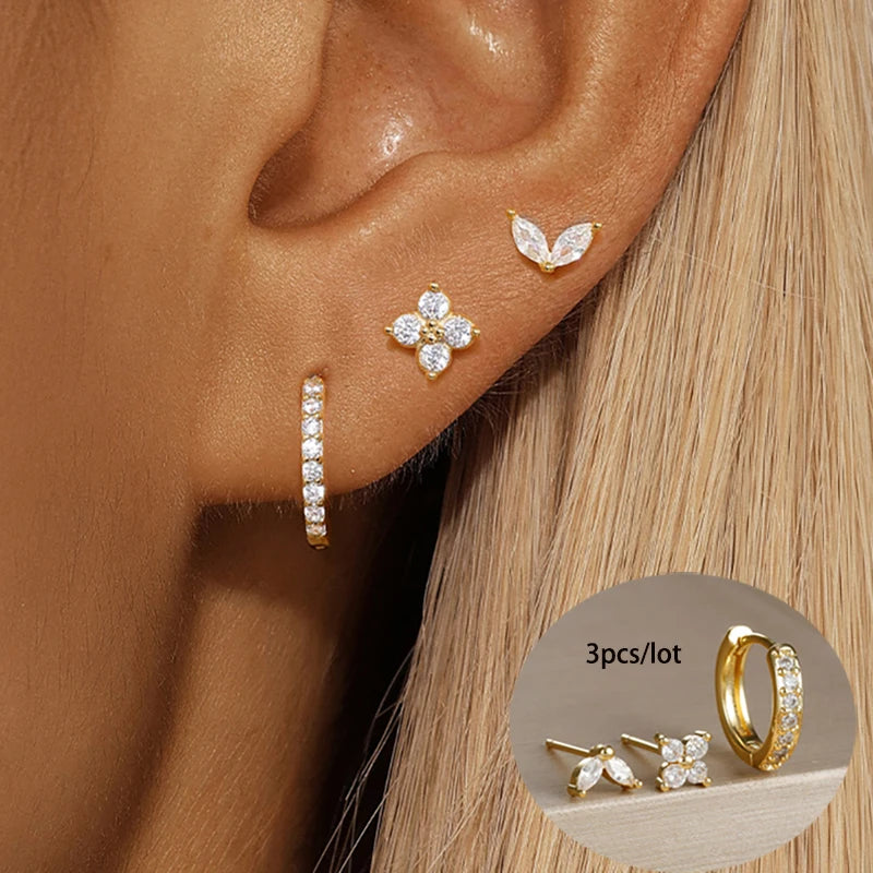 3 Stück Edelstahl Gold Ohrringe Set: Zirkon-Blumen & Knorpel-Piercing