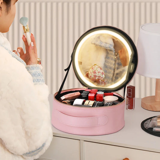 Portable Cosmetic Bag with LED Mirror and Lighting for Travel